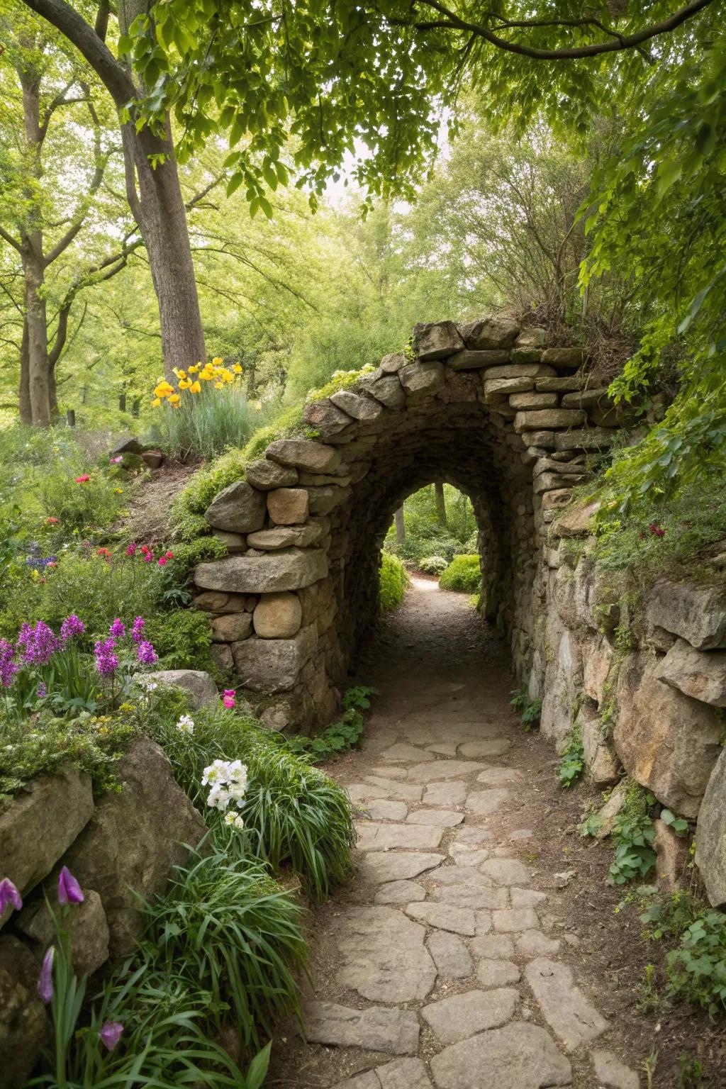 A whimsical stone tunnel pathway adding intrigue to a garden.