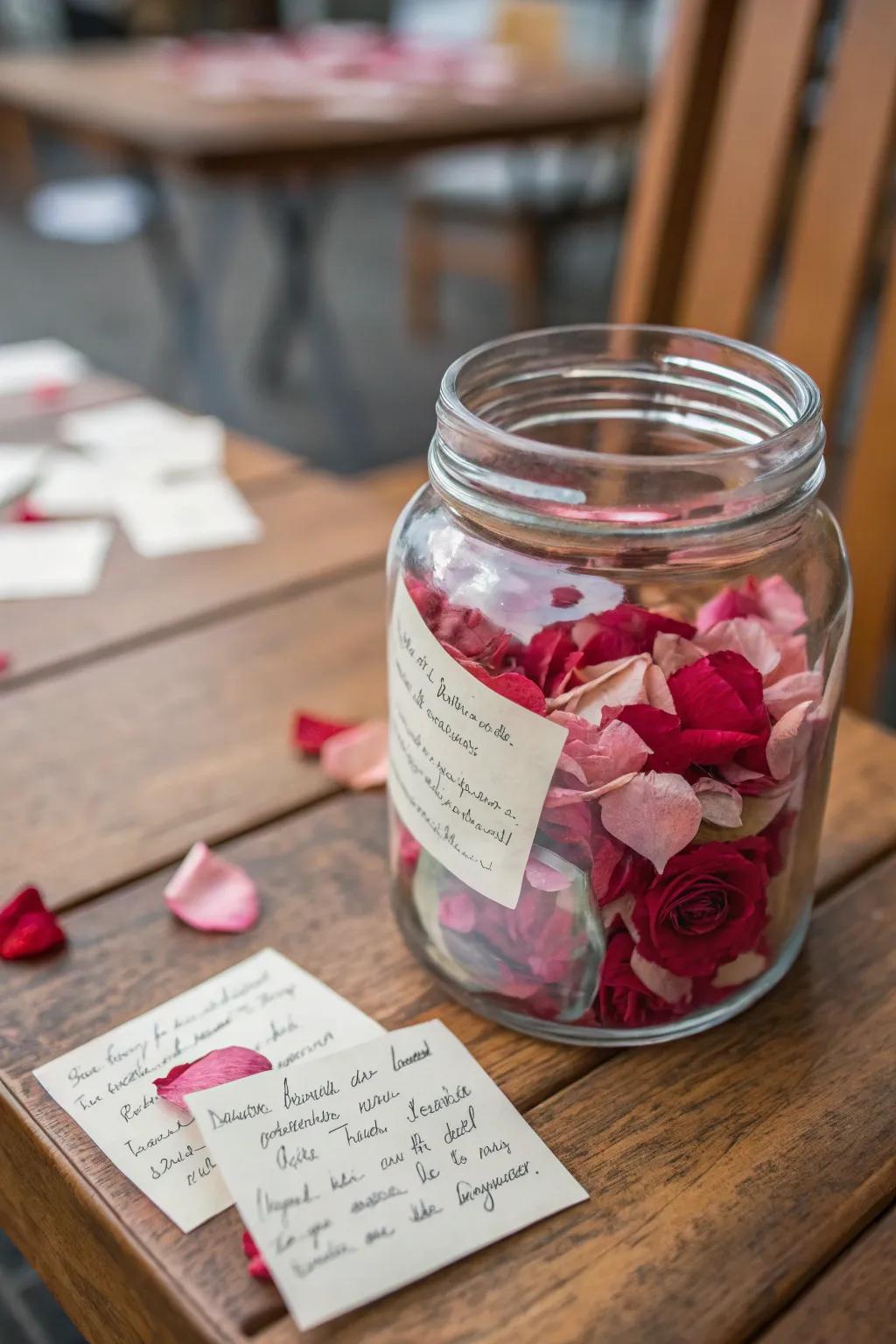 A memory pot filled with rose petals and special notes
