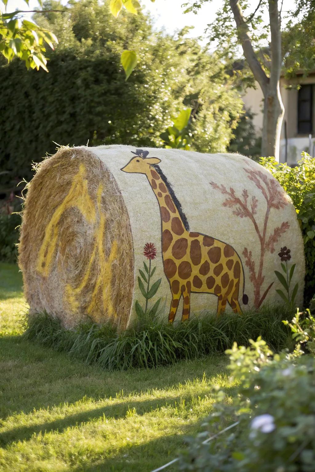 Transport the savanna to your domestic landscape through a giraffe-inspired hay bale fabrication.