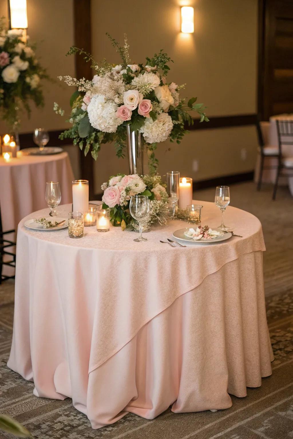A light red tablecloth setting the stage for a romantic wedding atmosphere.