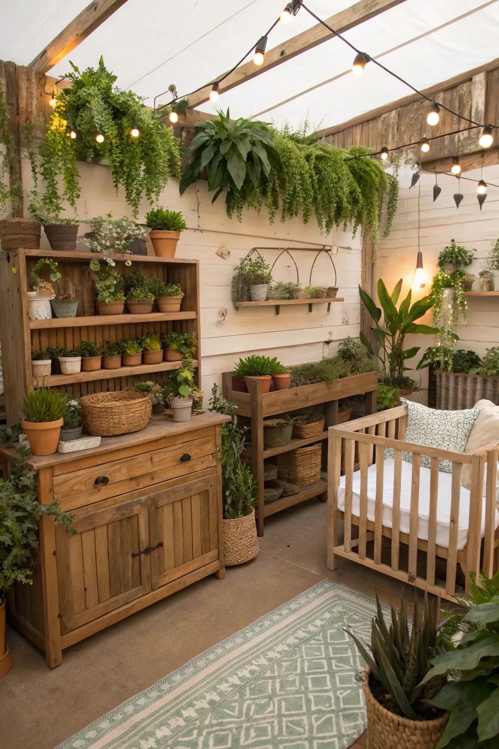 Greenery introduces life and freshness to the space.