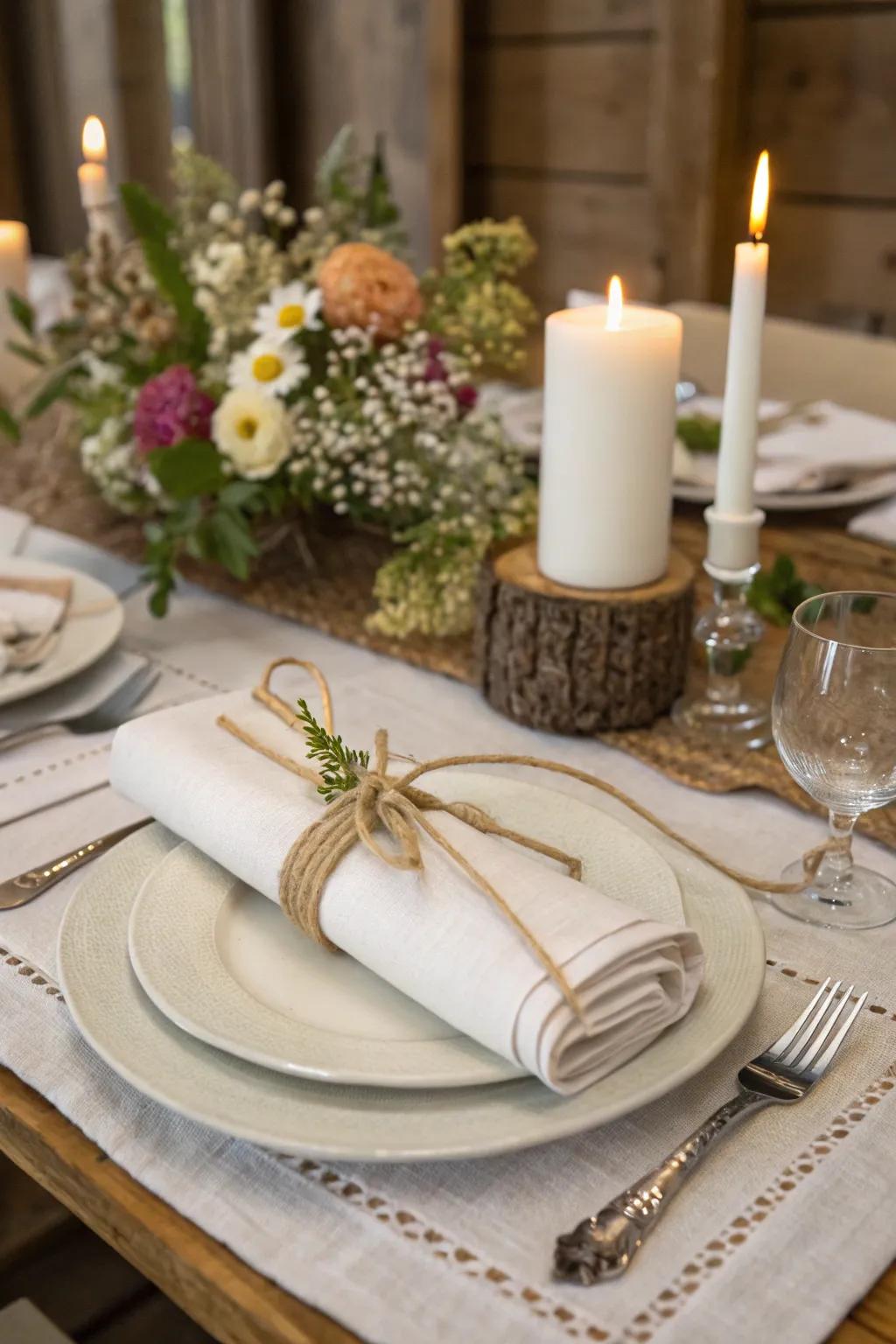 Twine and ribbon details contributing allure to the table arrangement.