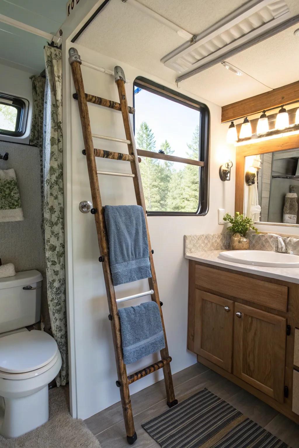 Include rustic appeal with a ornamental ladder for towels.