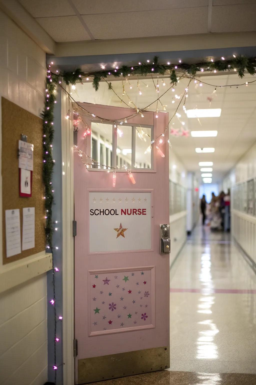 A whimsical school nurse’s door with magical elements that delight.