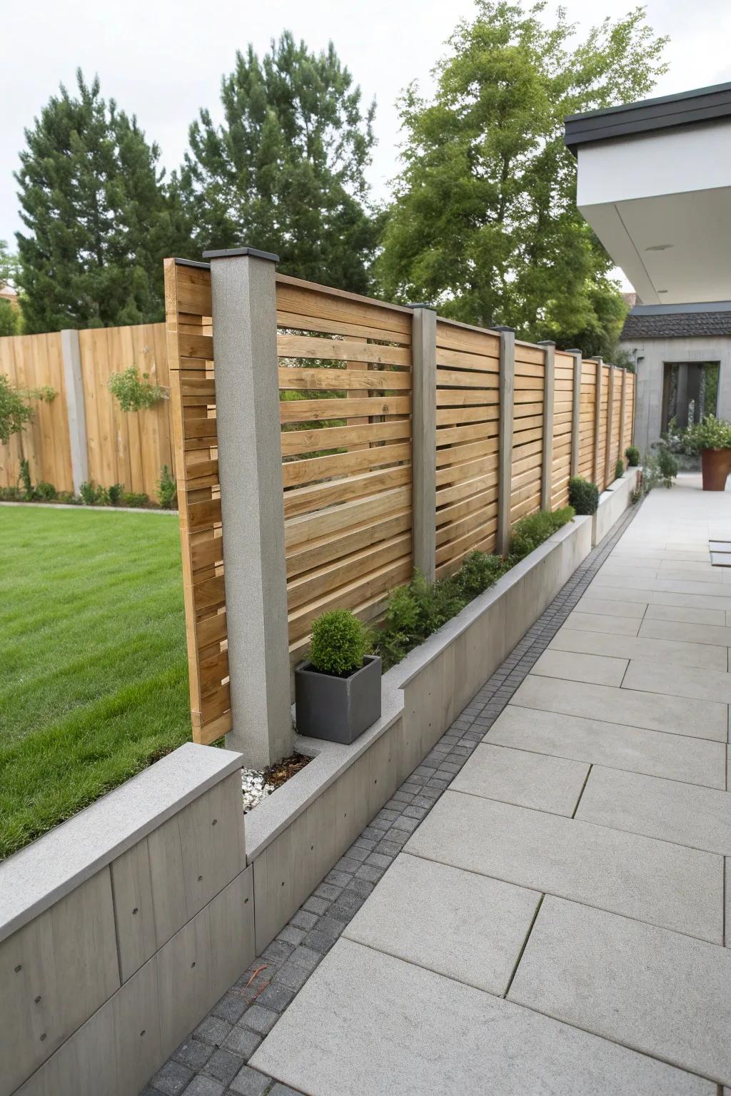 Concrete and timber strips combine for a sleek, durable fence in this urban garden setting.