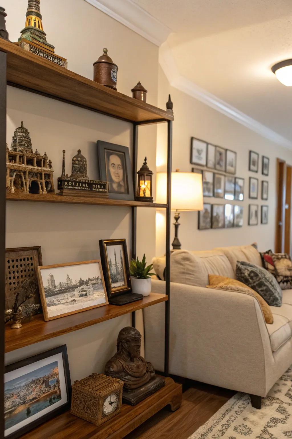 Personal mementos add a story to your shelf arrangements.