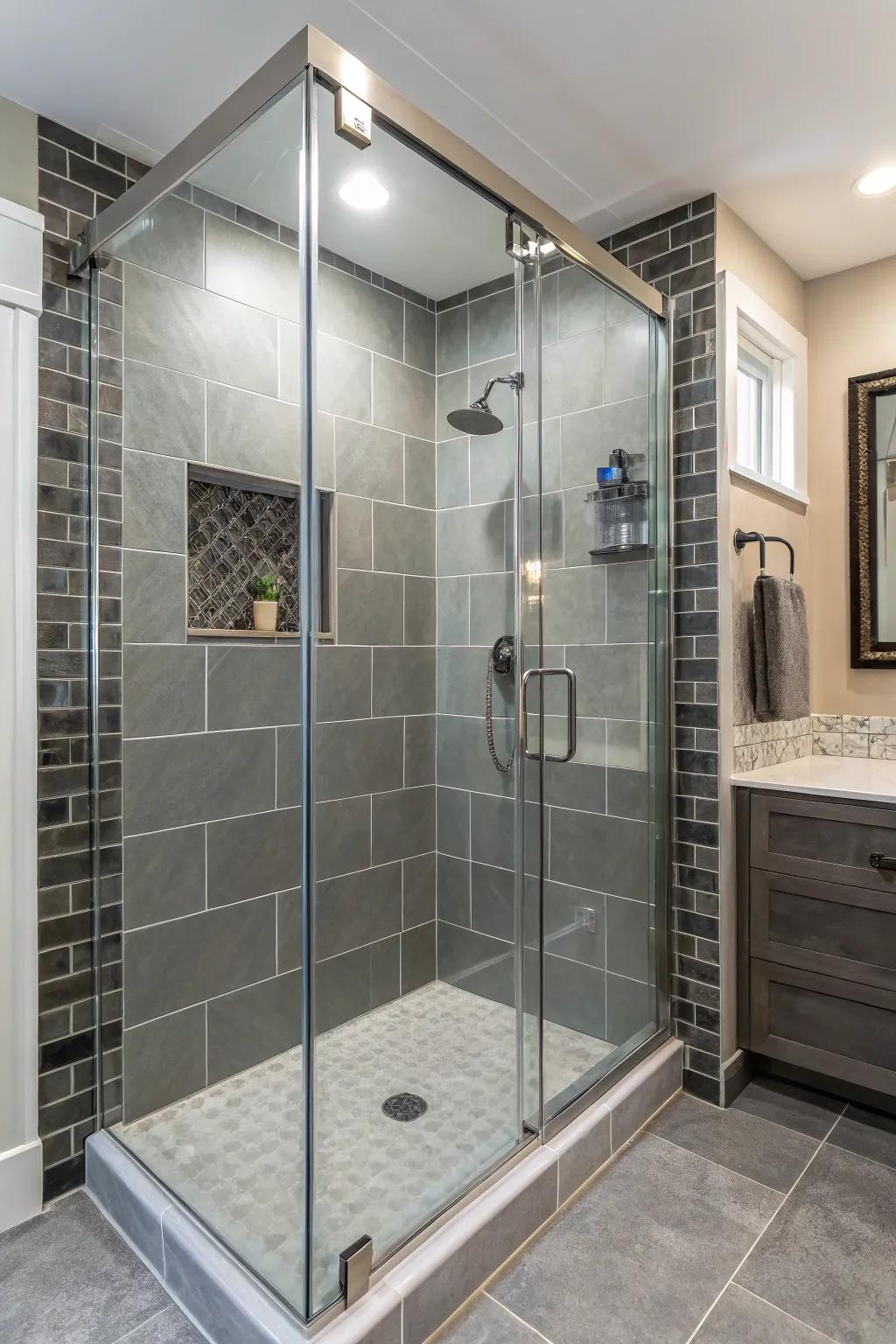An eclectic assortment of materials adopting grey tiles.