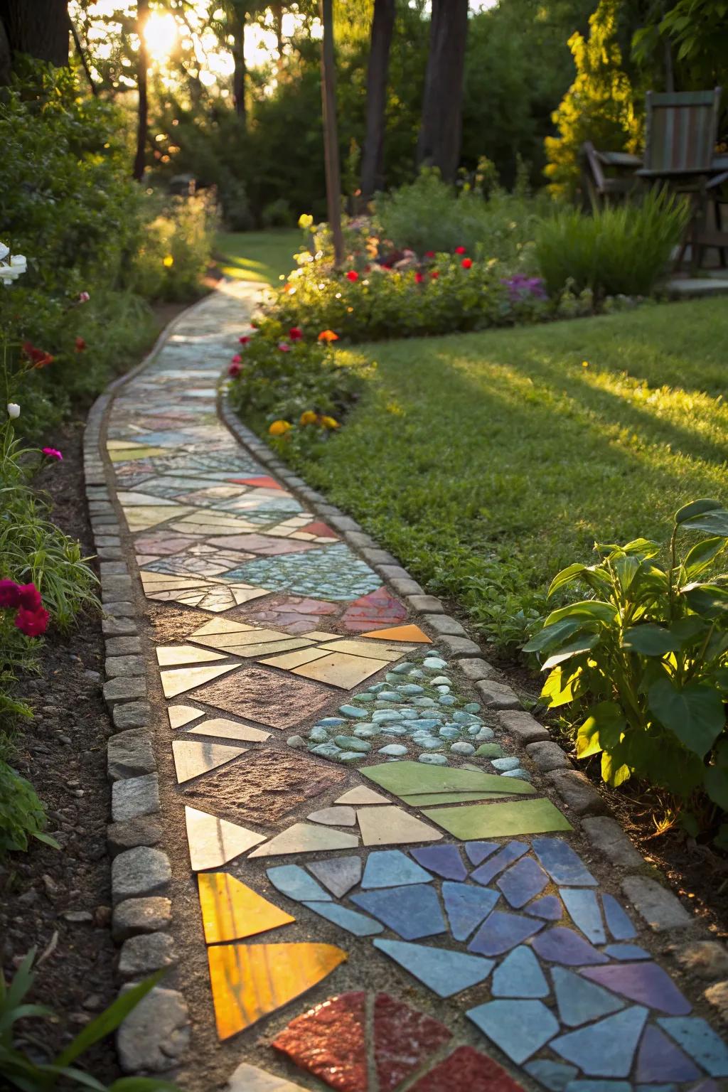 Patterned glass routes create a shimmering, colorful walkway.