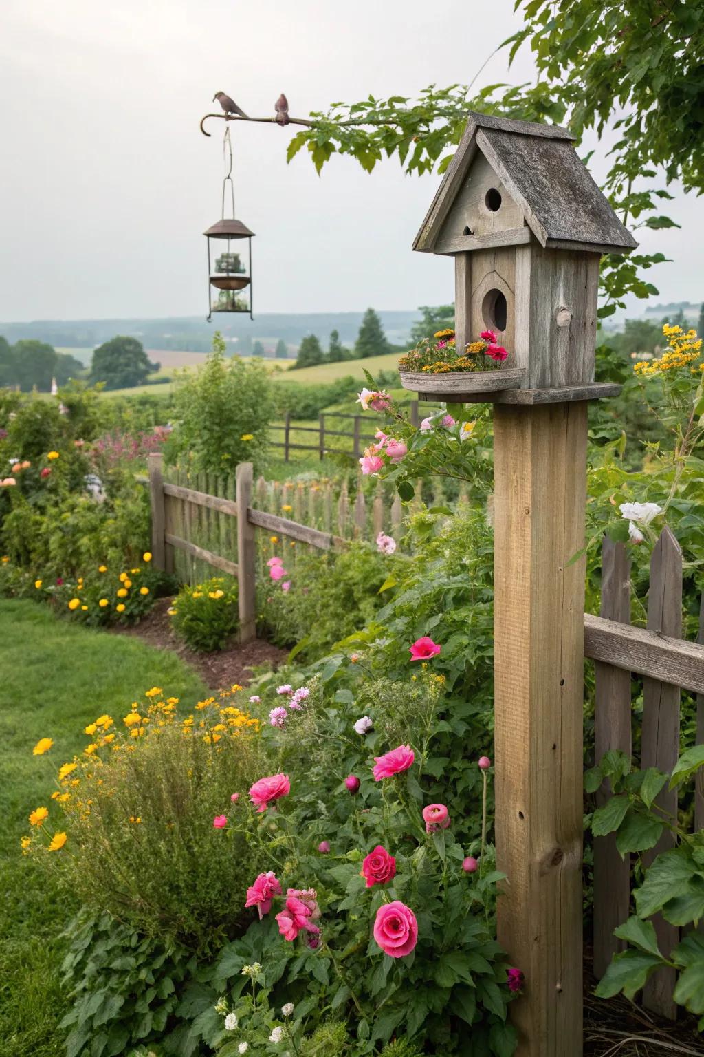 Avian-welcoming features bringing existence and motion to the flower garden.