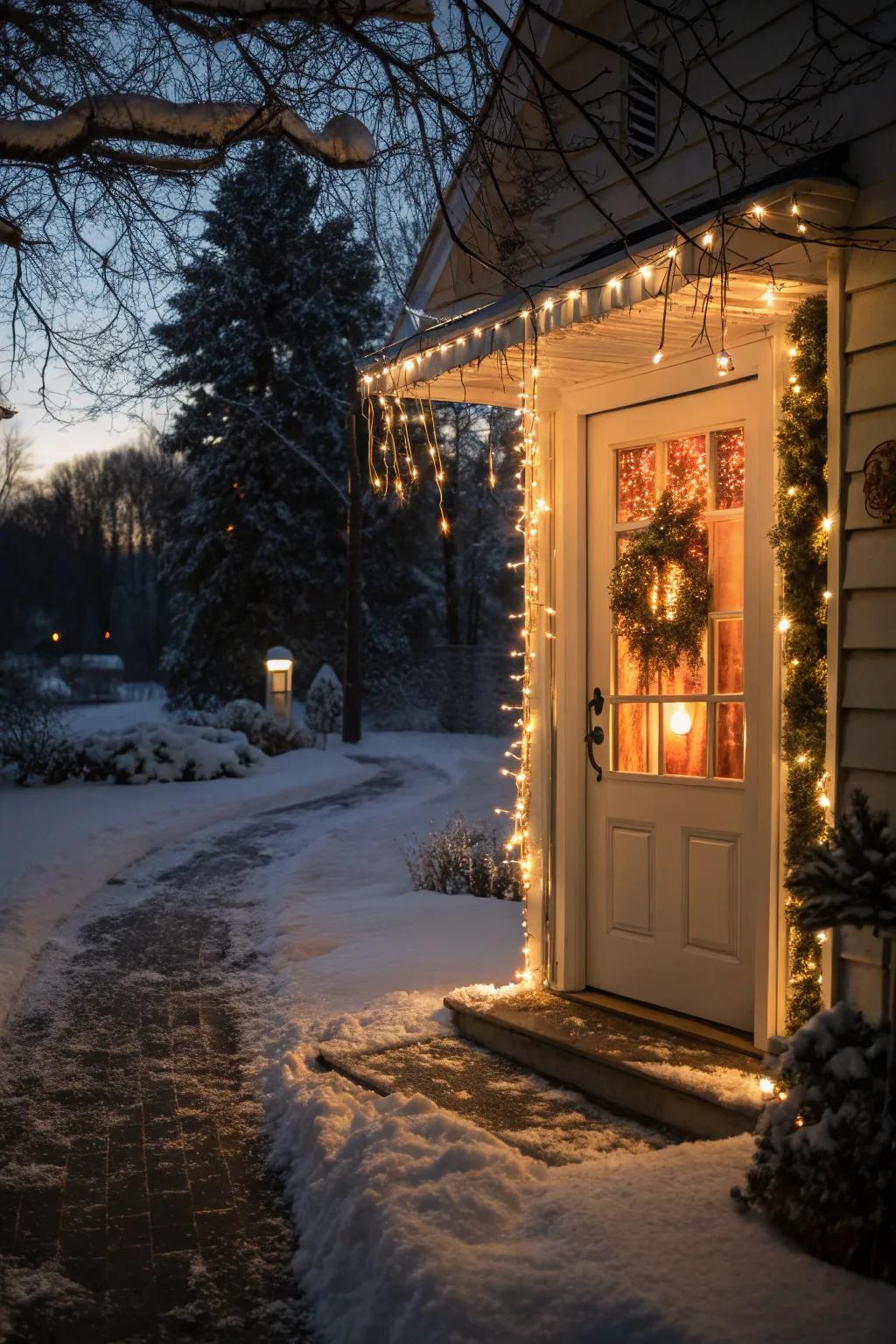 Frost lites assemble a dazzling, wintry entryway.