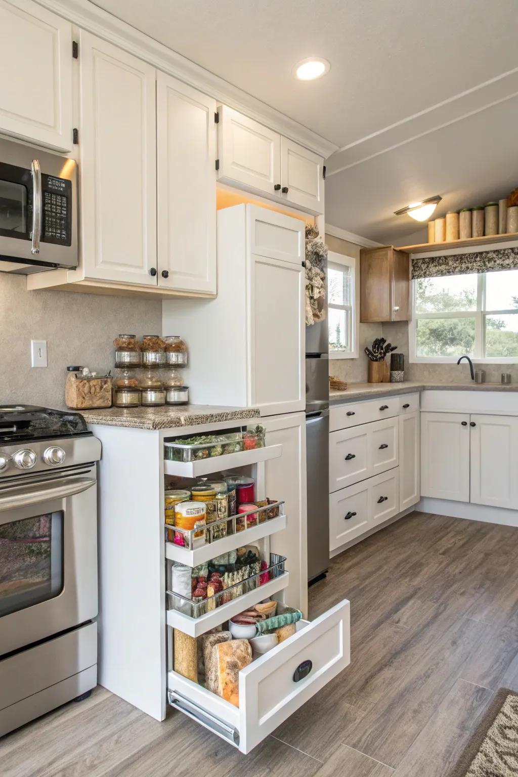 Hidden storage maintains a clean and functional cooking area.