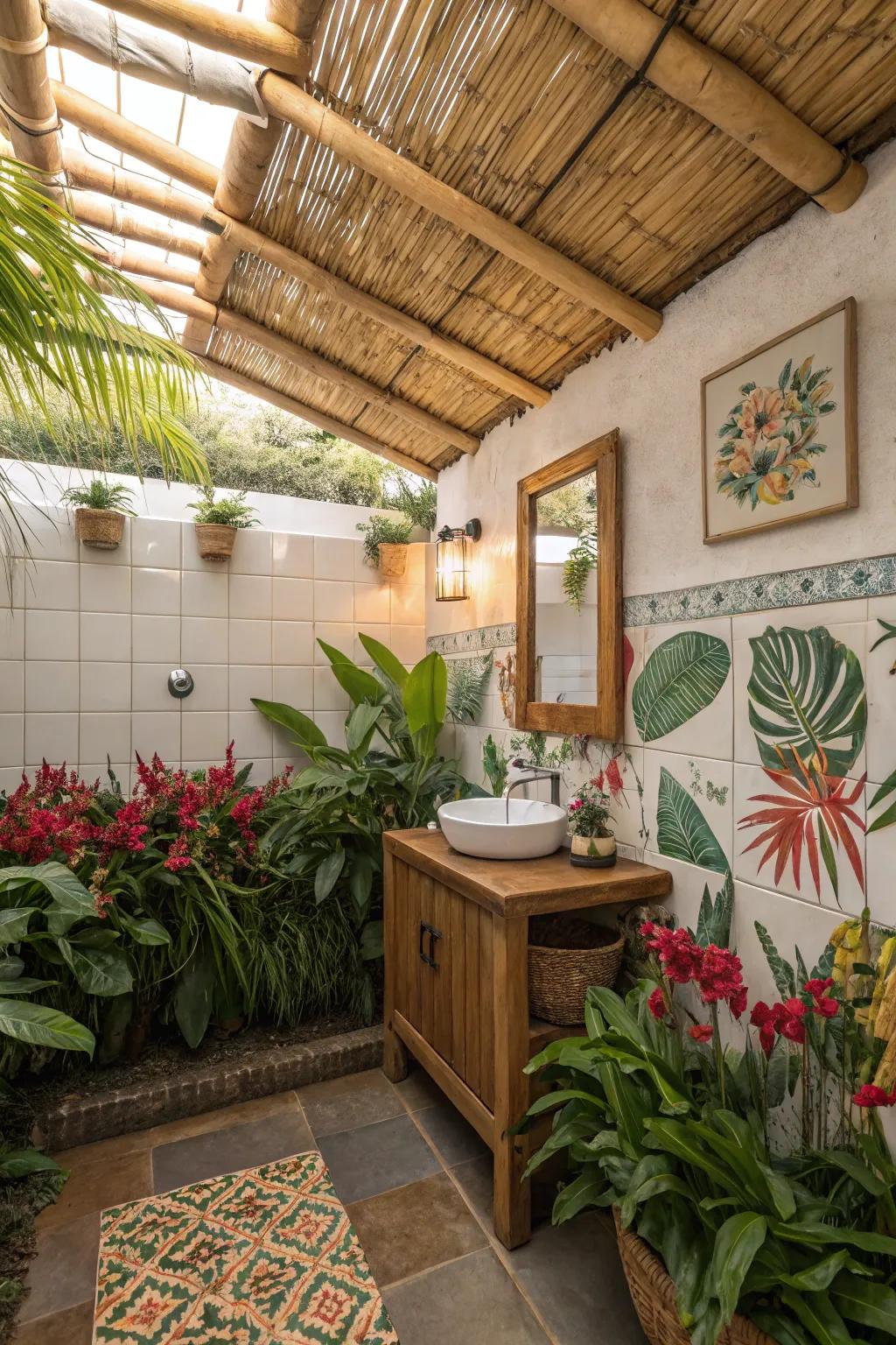 This compact washroom exudes tropical vibes thanks to its bamboo ceiling.