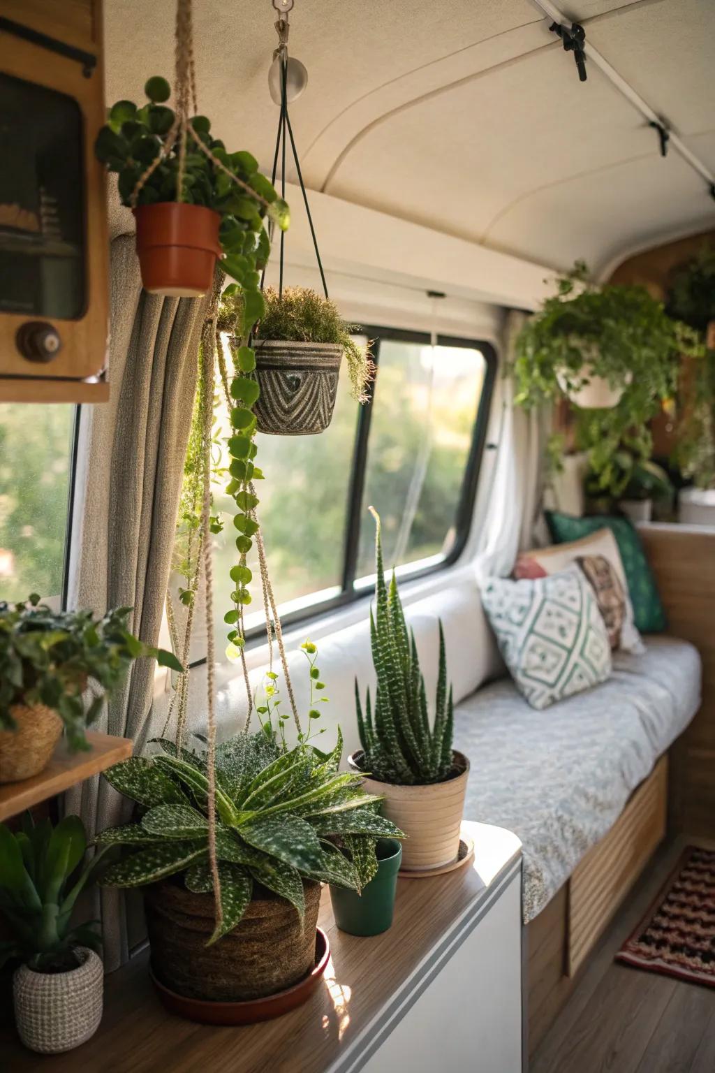 Indoor plants in a camper add a touch of nature and freshness.