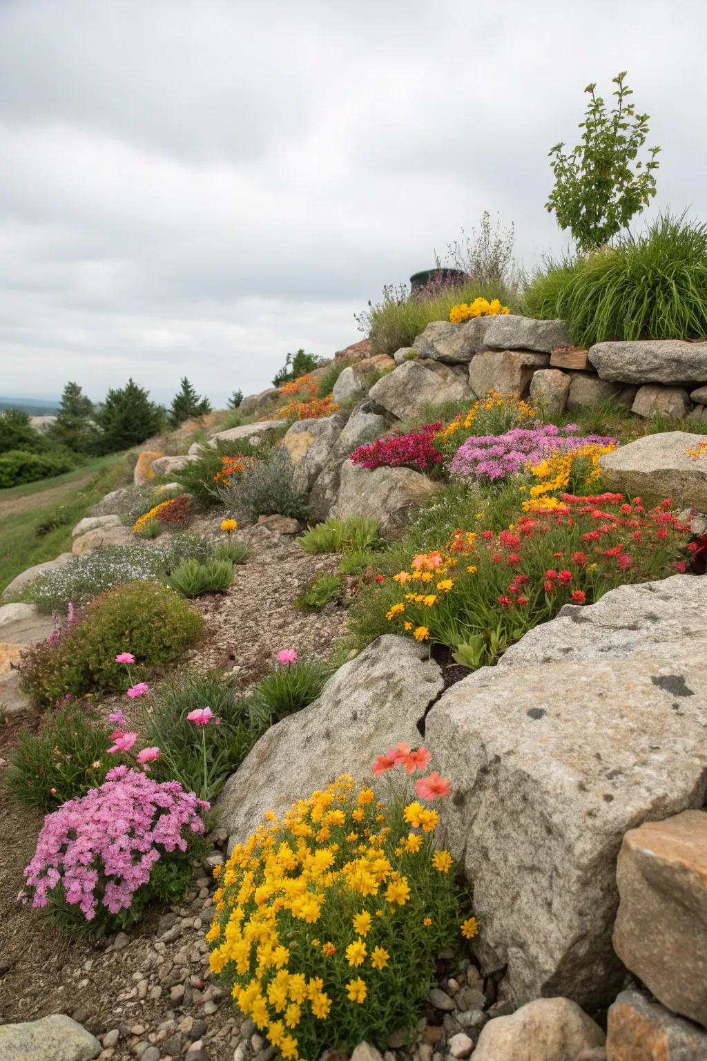 In this stone garden, seasonal flowers provide year-round beauty.