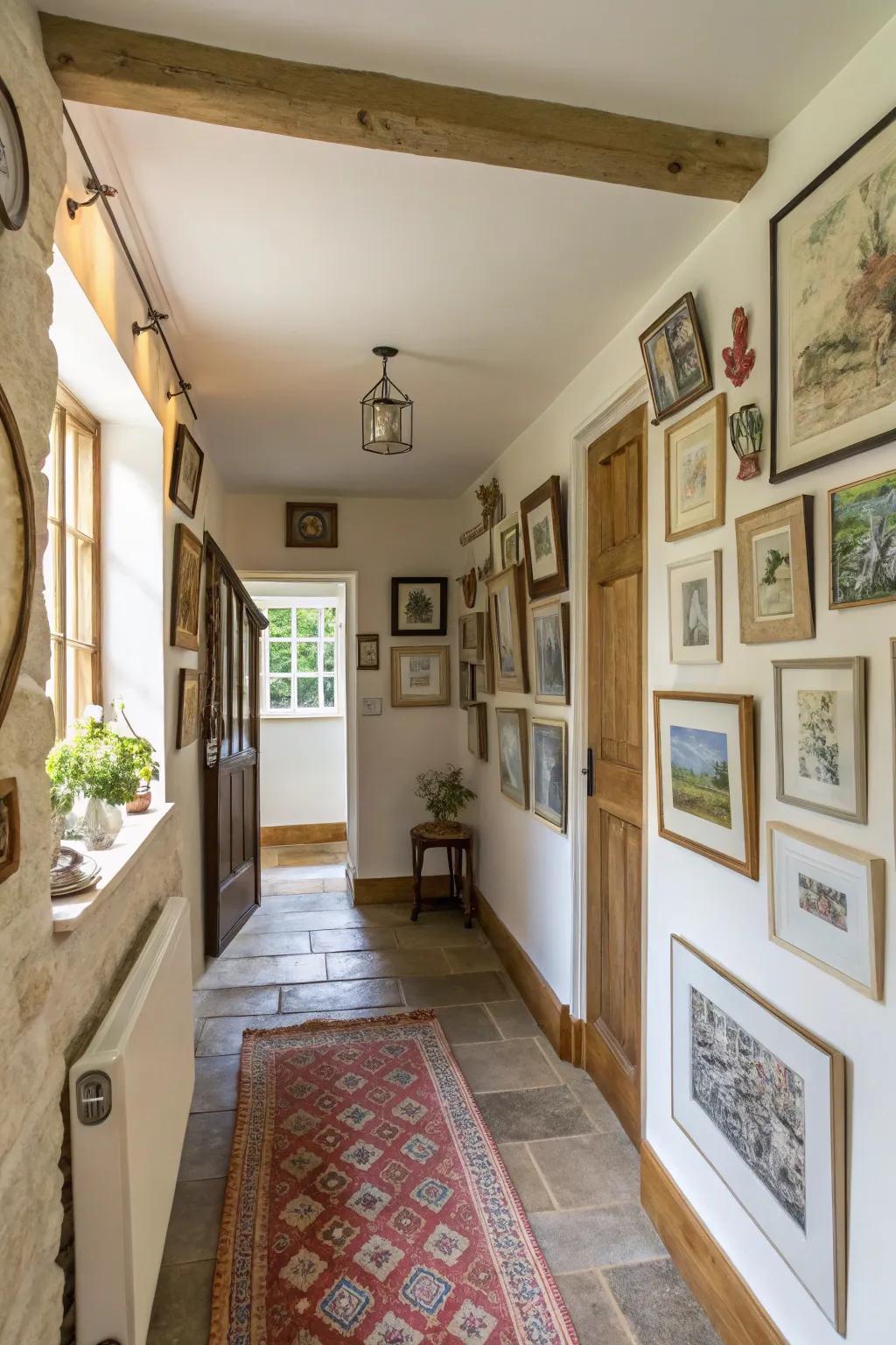 A gallery wall injects both individuality and intrigue within the passageway.