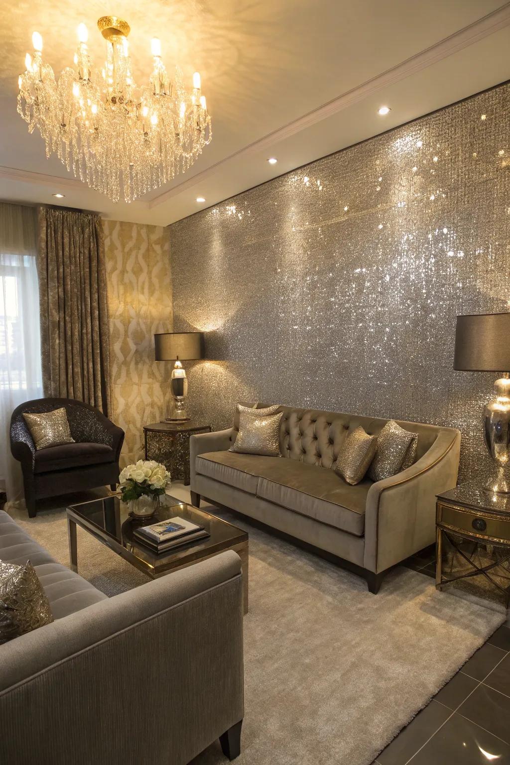 A small living room using metallic highlights that create sparkle.