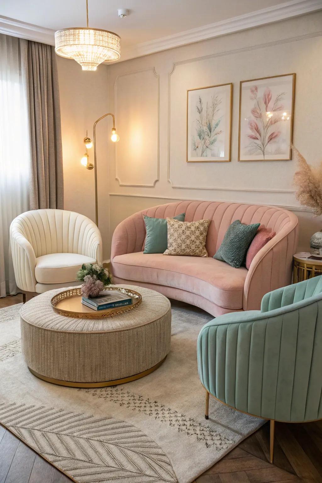 Arched furnishings soften and harmonize the space.
