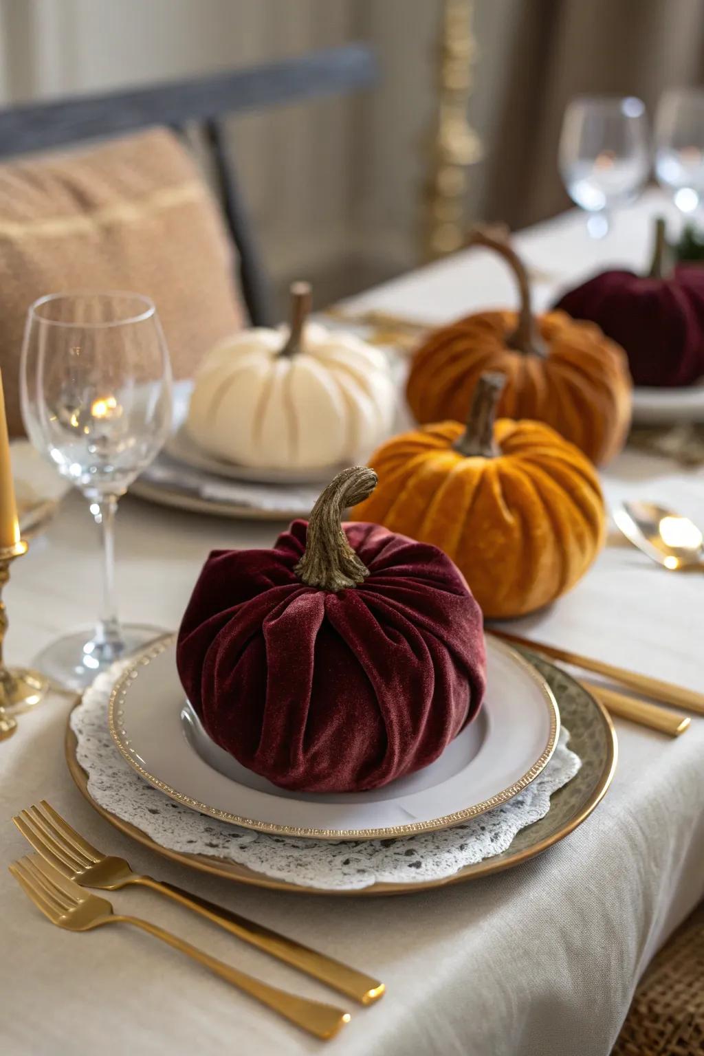 Textile-wrapped pumpkins exhibit elegance and sophistication.