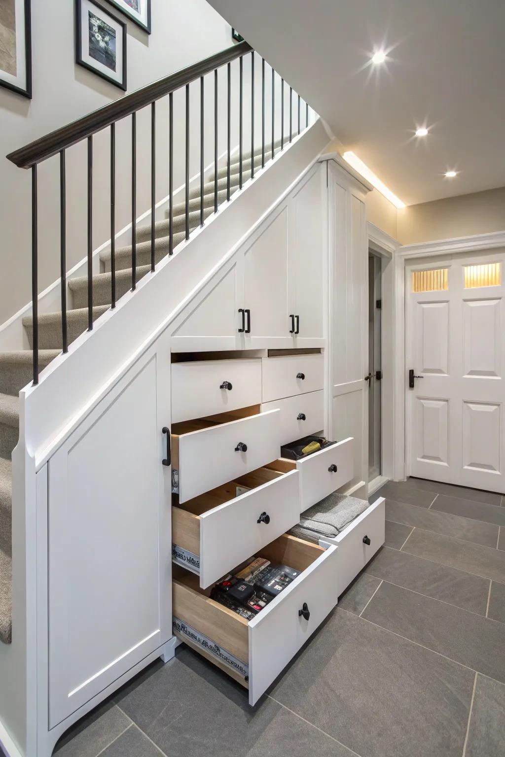 Creative storage options under the stairs offer ample space.