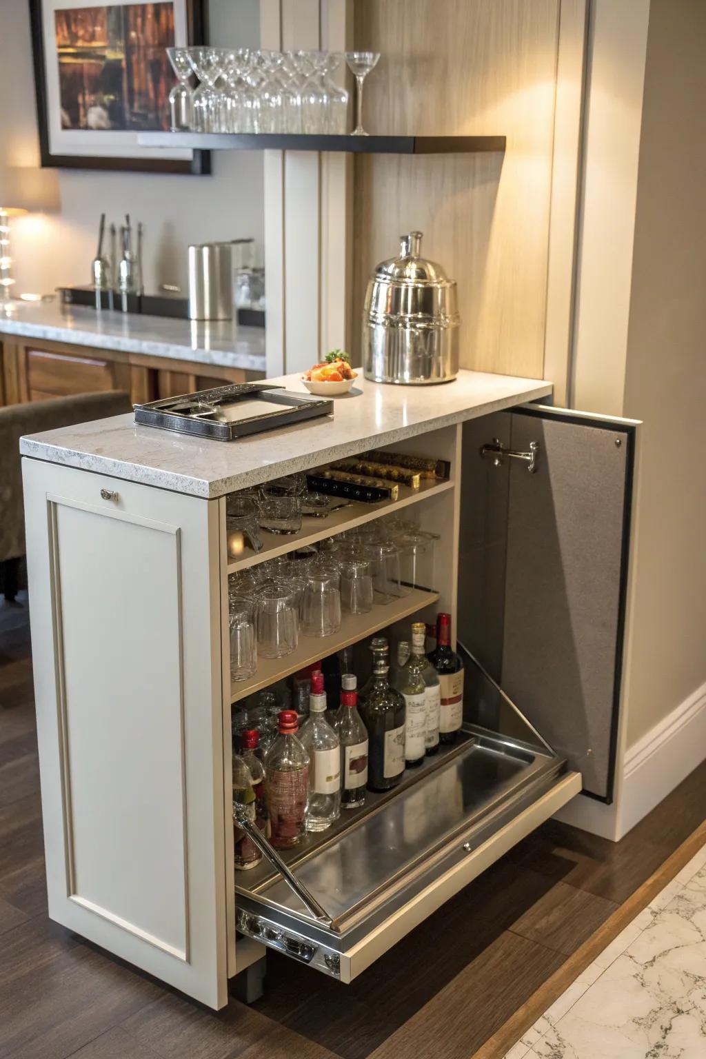 In a compact wet bar, a collapsible drop-down countertop is used to optimize space.