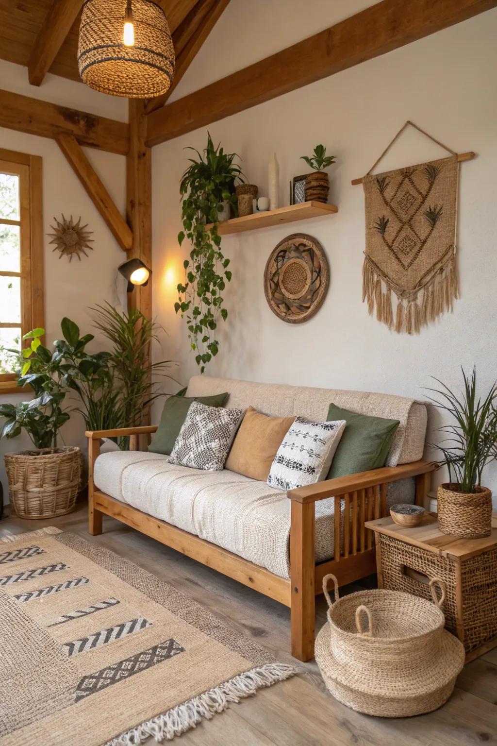 A sofa with wooden features brings warmth to a compact living space.