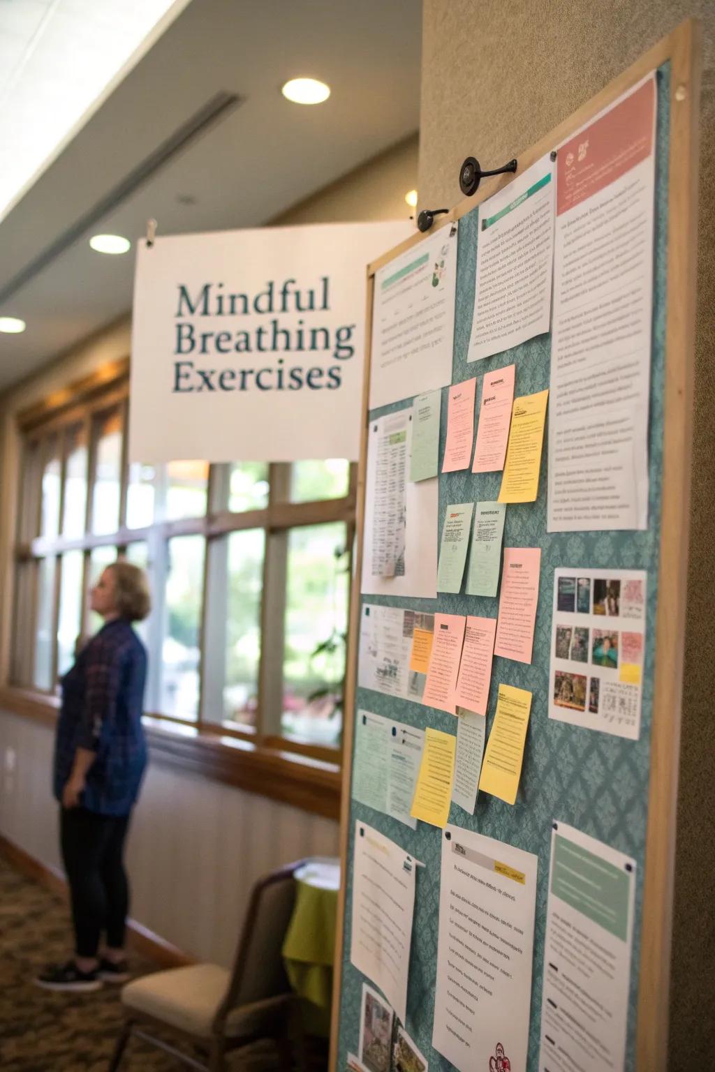 A wellness bulletin board featuring calming inhalation exercises.