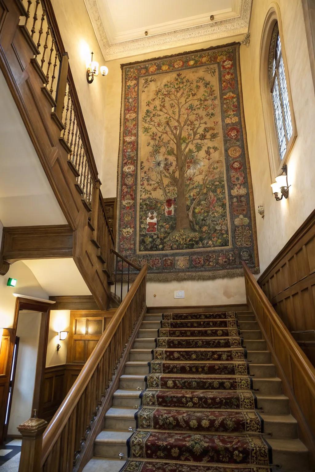 Add warmth and texture with a tapestry on your stairway wall.