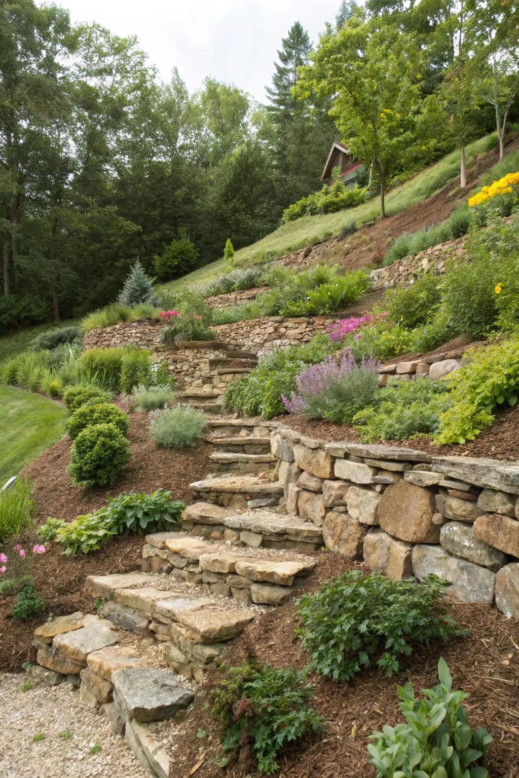 Transform hilly terrains with terraced stone and mulch designs.