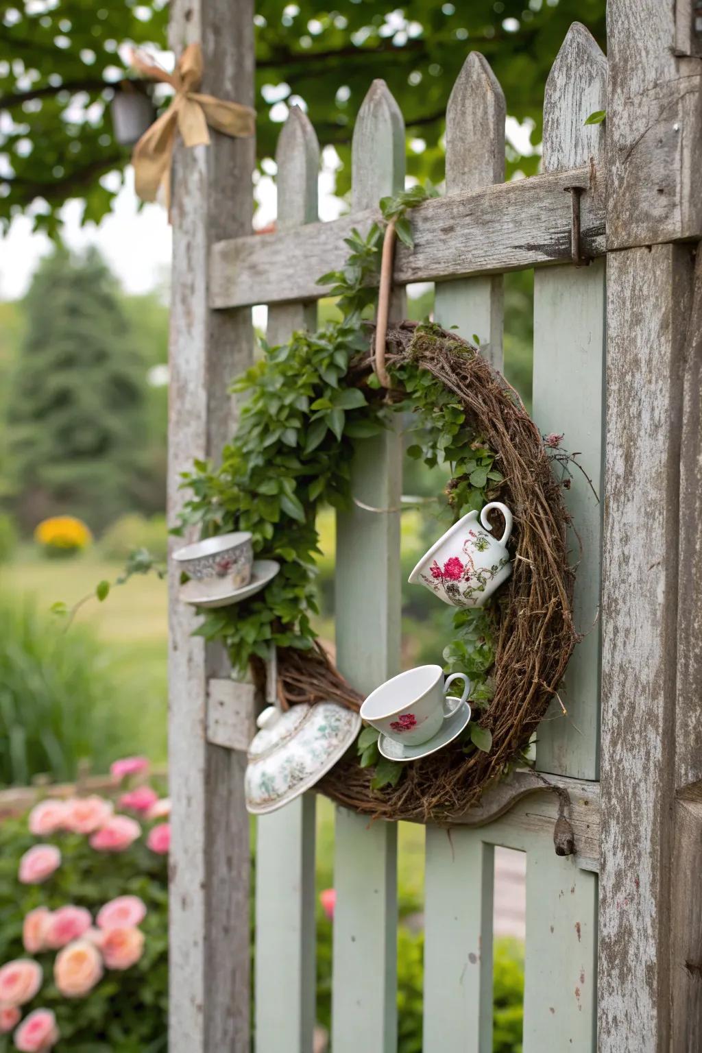 Invite visitors through an enchanting garden tea soiree creation.