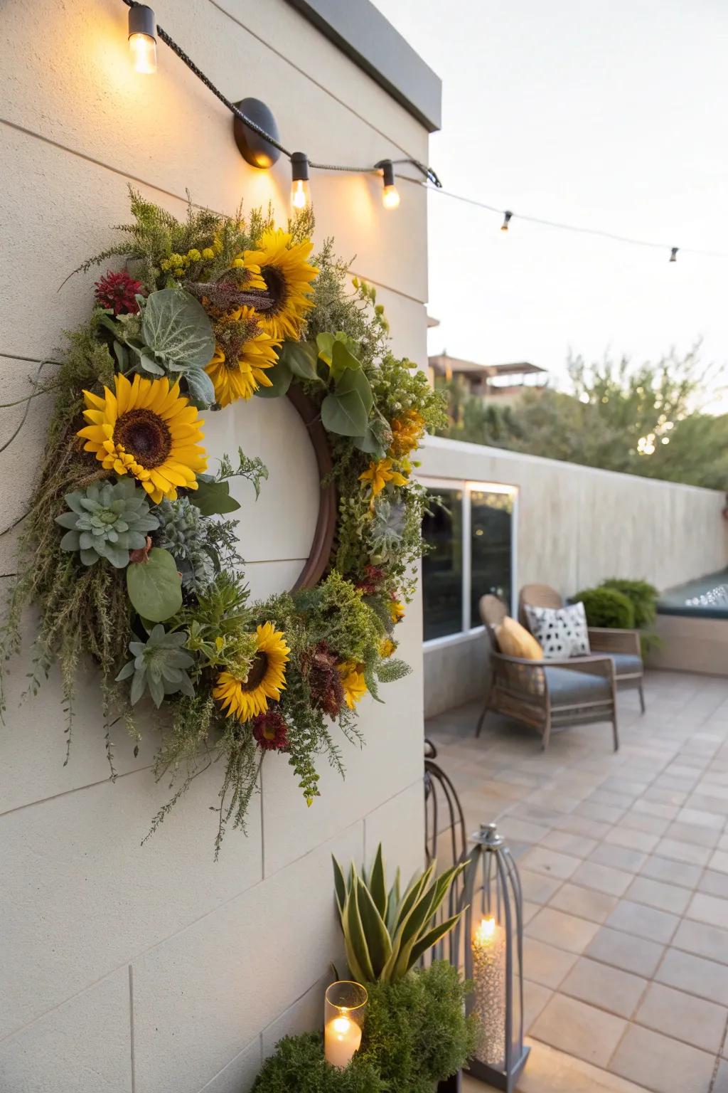 Modern meets nature with a sunflower and succulent garland.