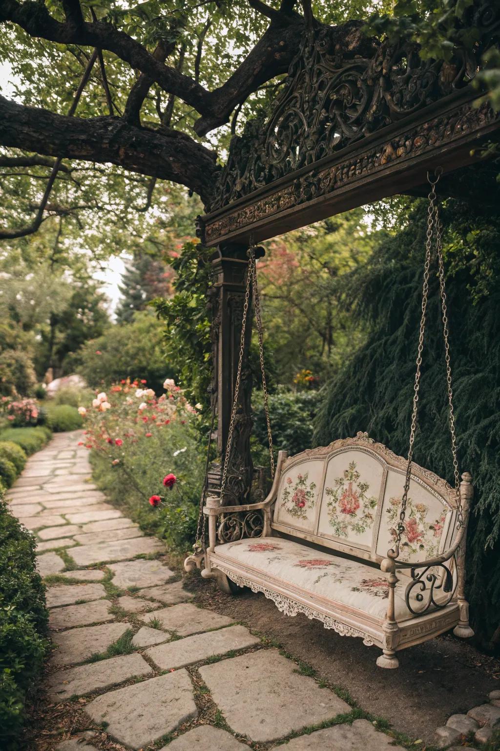 A vintage-inspired swing introduces historical charm to the garden.
