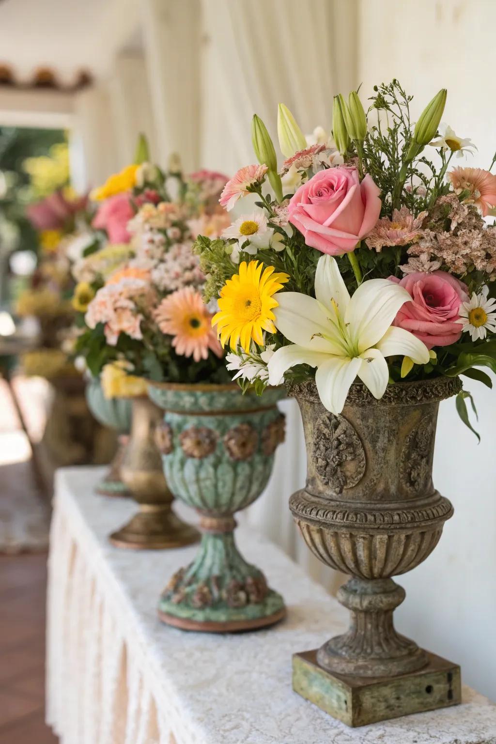 A charming vintage centerpiece with old-fashioned vessels and garden roses.