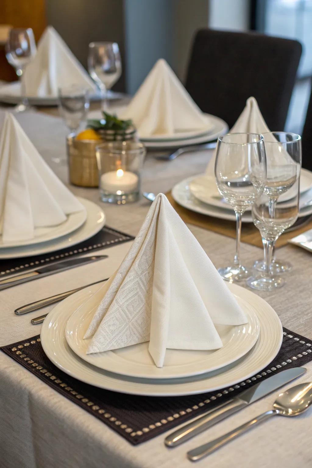 Geometric triangle arrangements promote modern elegance.