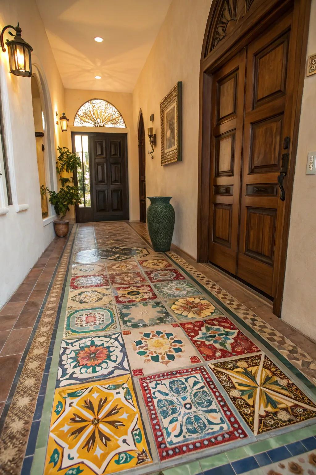 Incorporate style and resilience with a Majolica mosaic rug.