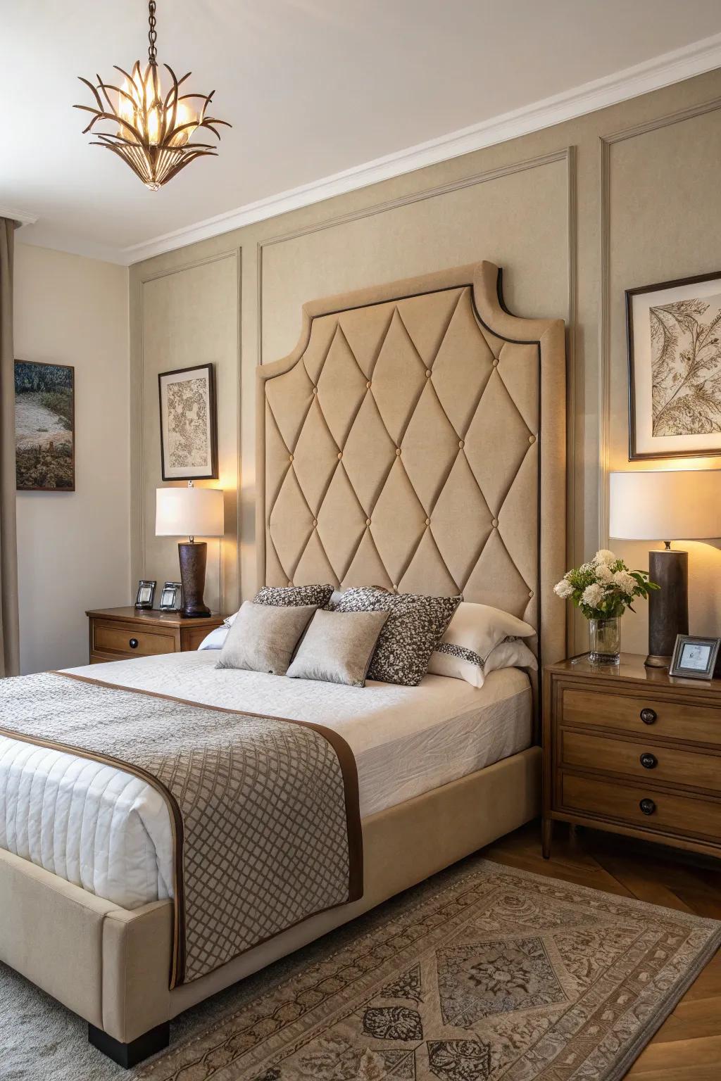 The tan bedroom's design is elevated by a distinctive headboard.