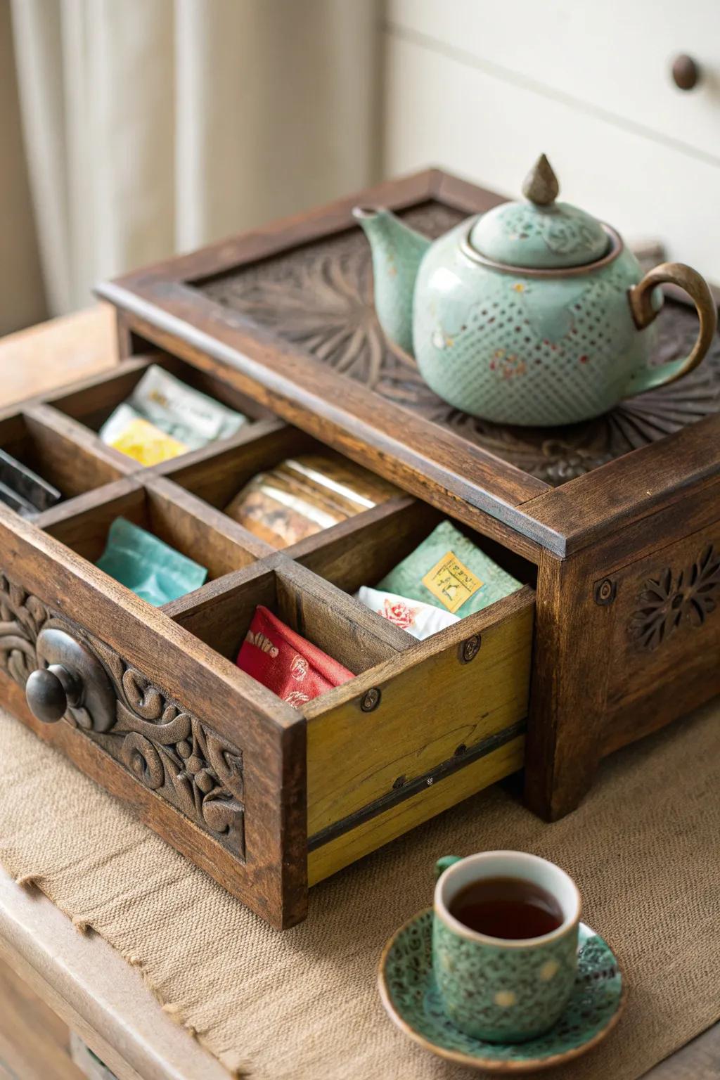 A classic drawer transformed for storing tea.