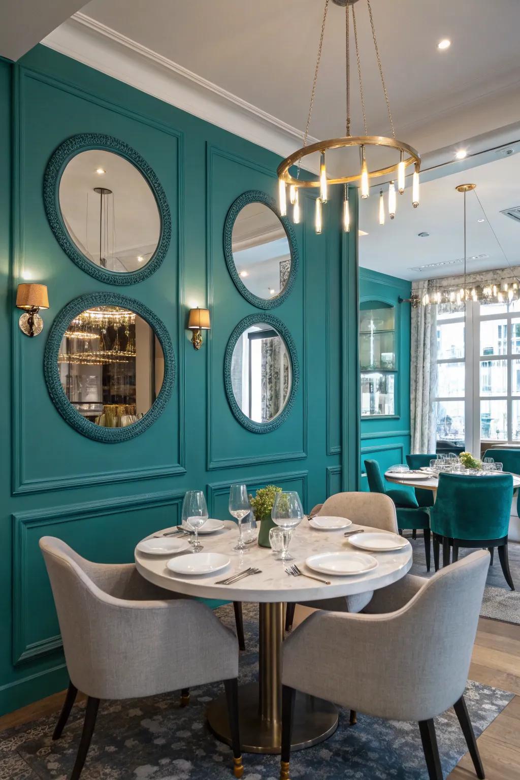 Mirrors on an azure wall enhance light and space