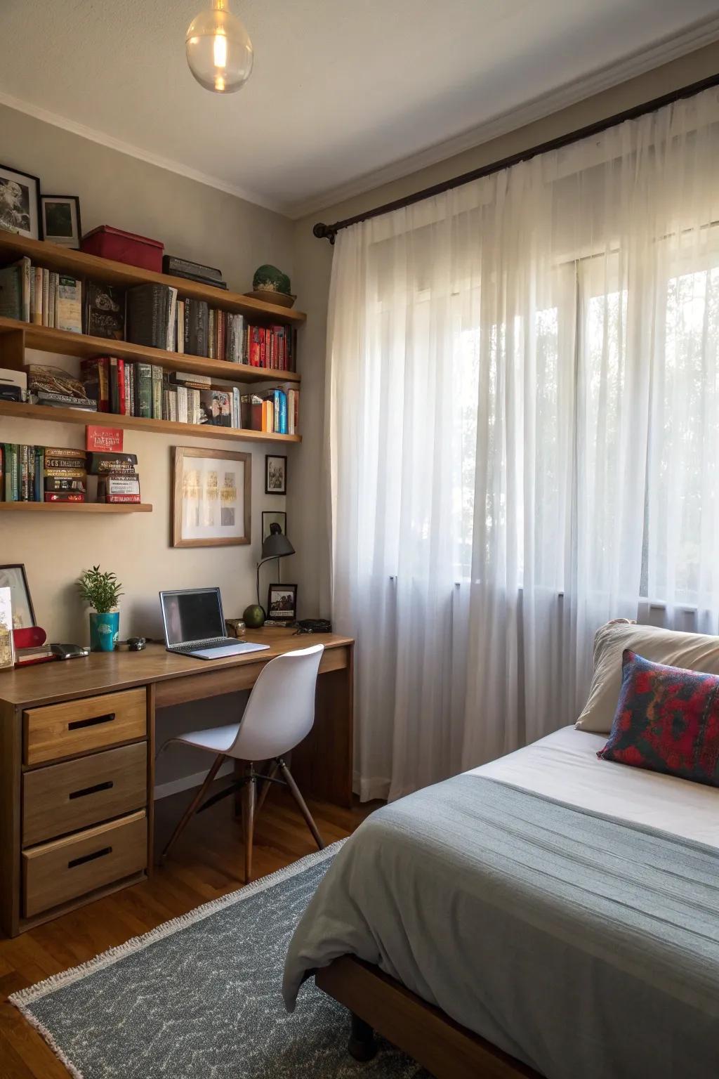 Sheer window coverings maximize natural light and keep the space open.