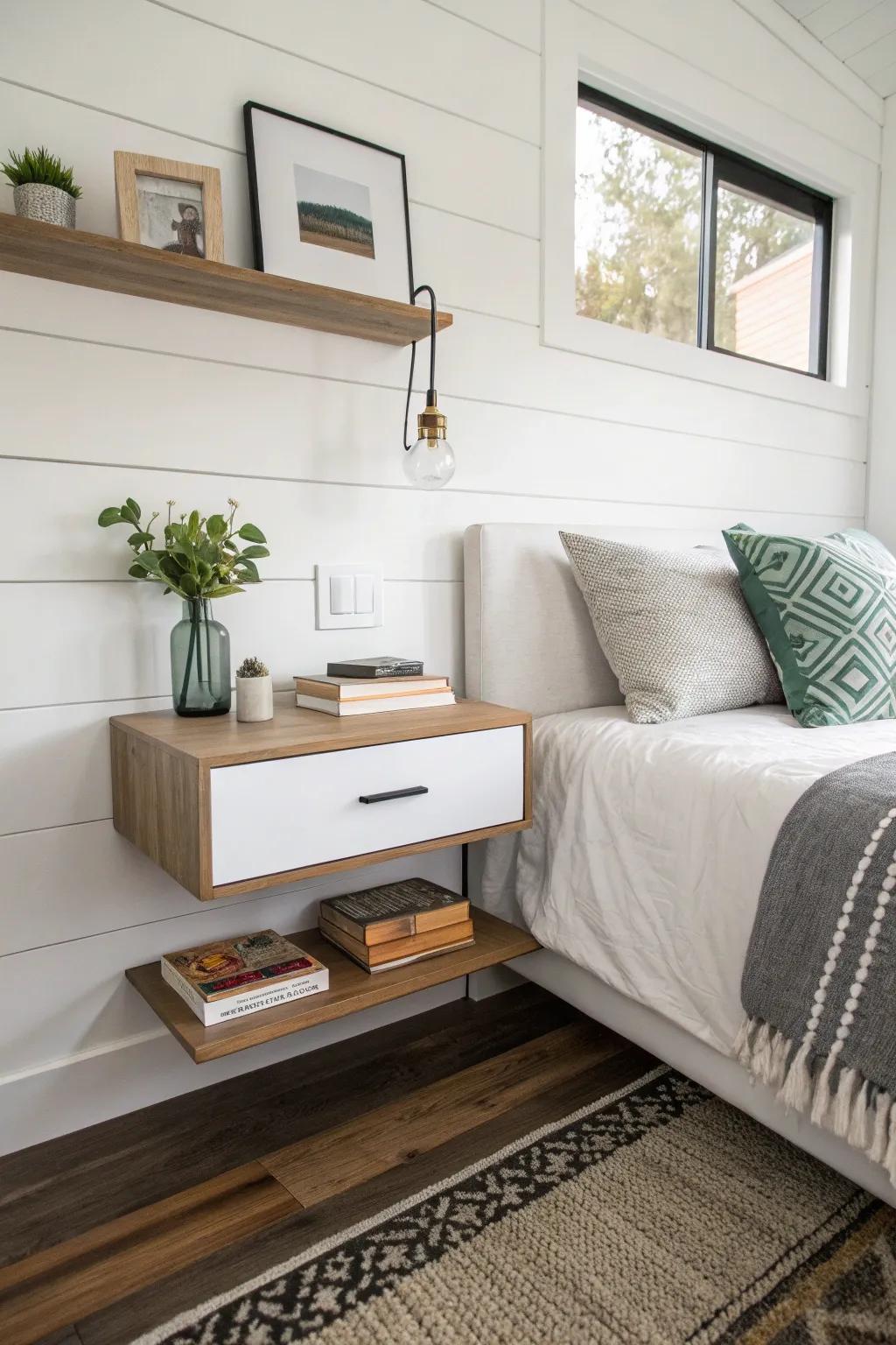 A floating nightstand offering a sleek and space-saving solution.