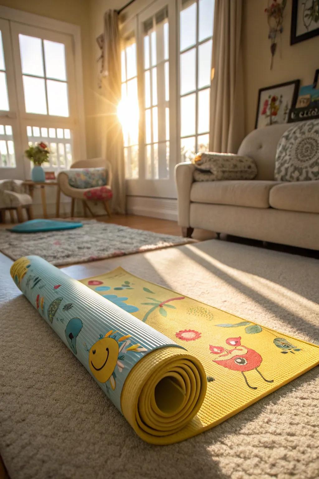 Practicing thinking with a bright activity mat.