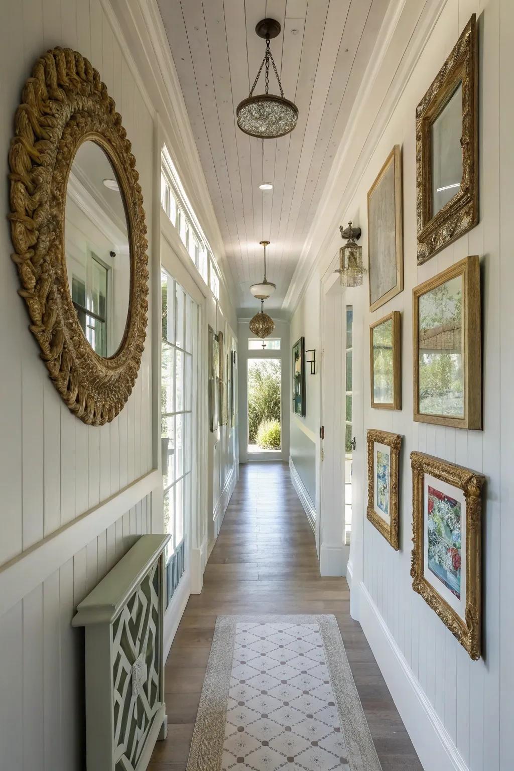 A hallway made welcoming and stylish with shiplap walls.