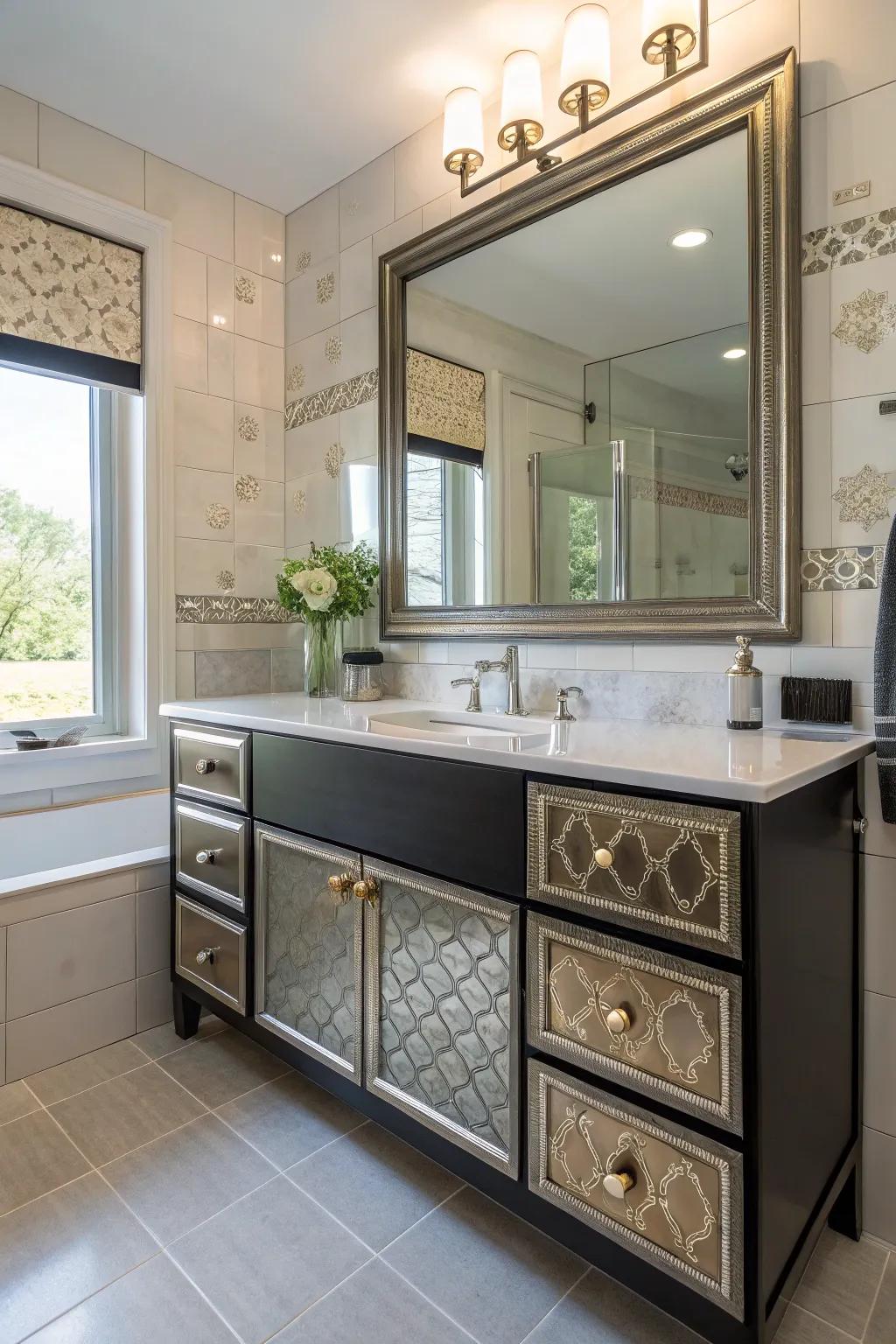 A bathroom vanity with individualized tiles and finishes for a unique and stylish look.