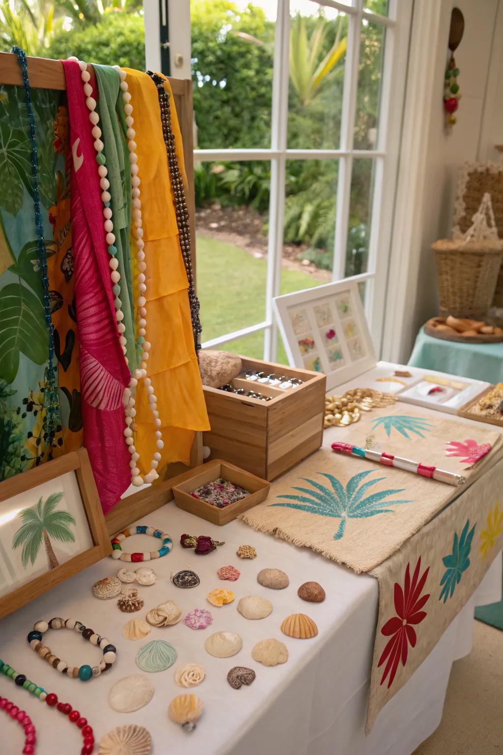 A craft station for fashioning tropical mementos.