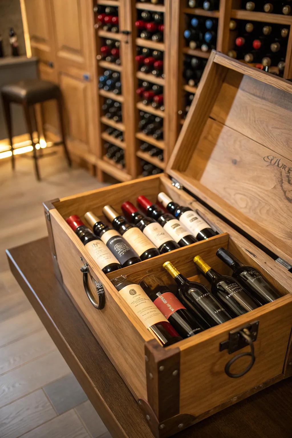 A trunk presents innovative wine storage, suitable for any wine aficionado.