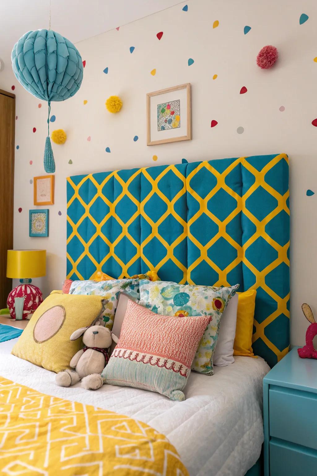 A whimsical bedroom showcasing a playful tufted headboard.