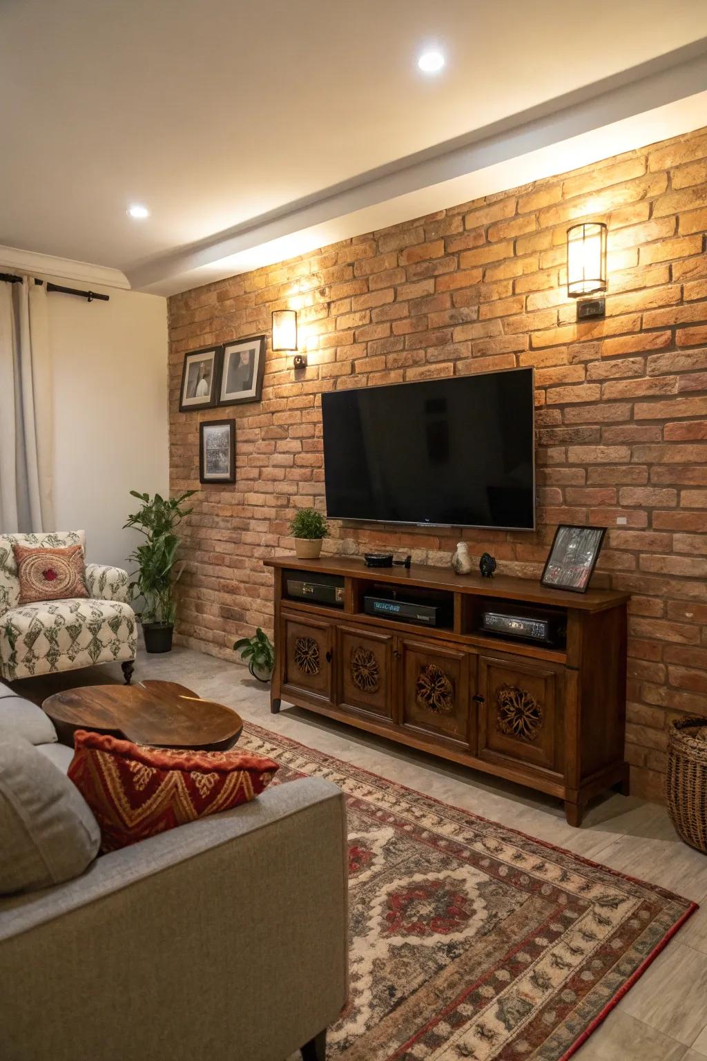 Aged brick introduces character and warmth to this TV feature wall.