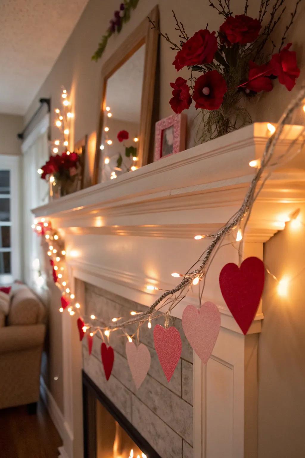 Shimmering twine radiations forge a fairy-tale ambiance on the mantel.