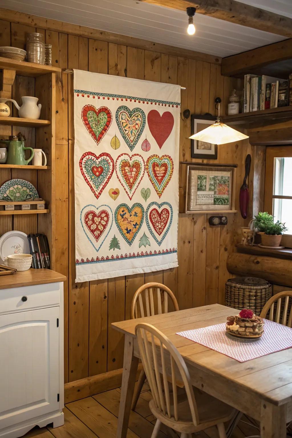 Folk artistry heart paintings contribute coziness and heritage.