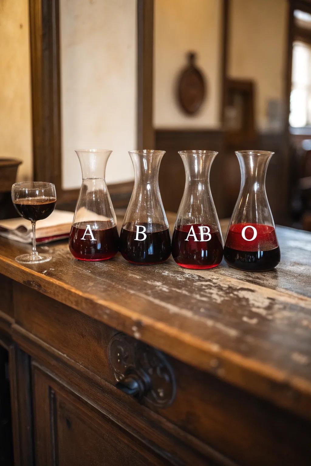 Vessels marked with blood designations present a distinctive and thematic approach to presenting libations.