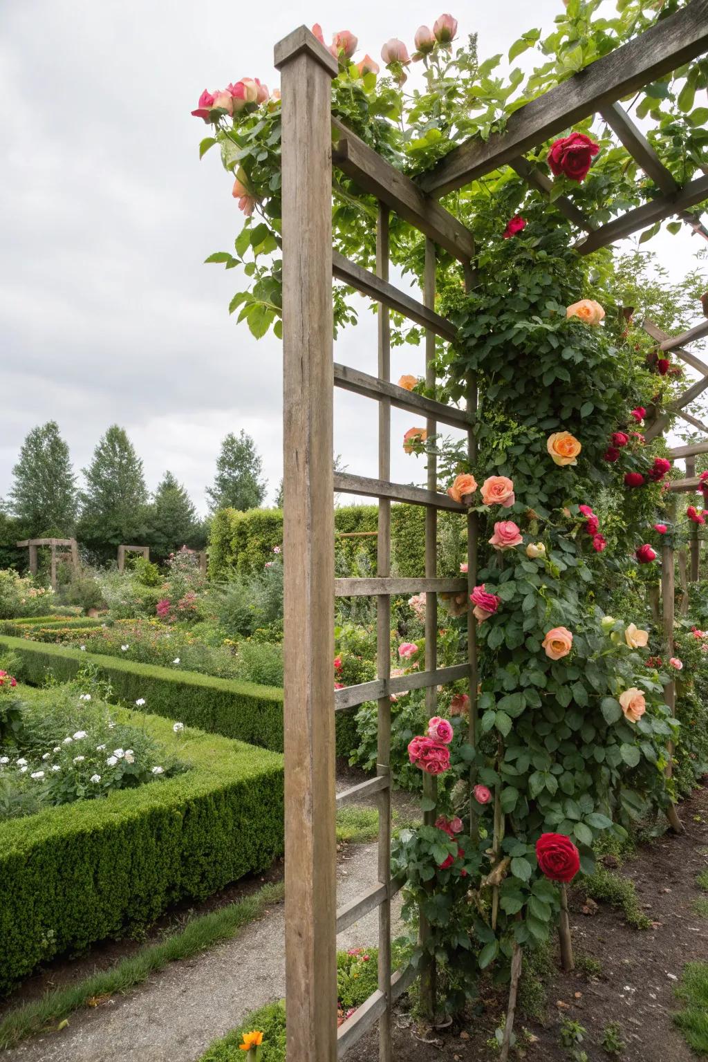 Timber grid trellises proffer a classic garden vista.